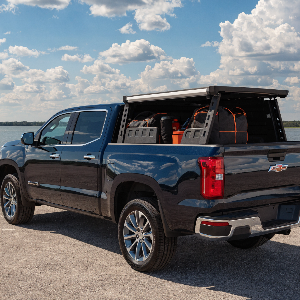 Retractable bed cover partially open on GMC Canyon showing cargo
