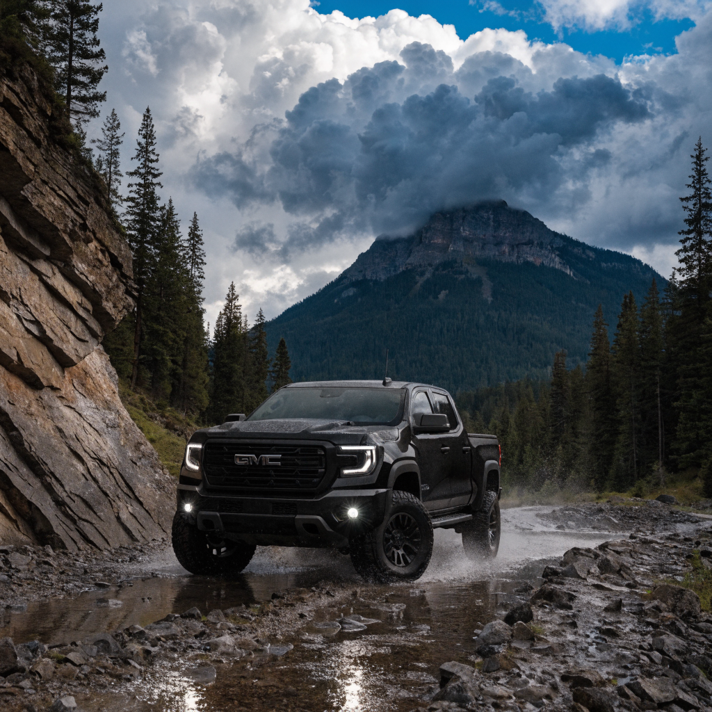 GMC Canyon AT4 with rugged bed cover on mountain trail