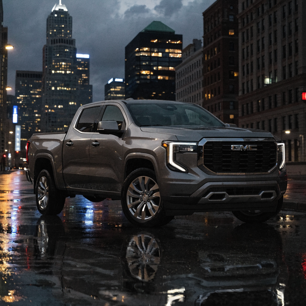 New GMC Canyon with sleek low-profile tonneau cover in urban setting